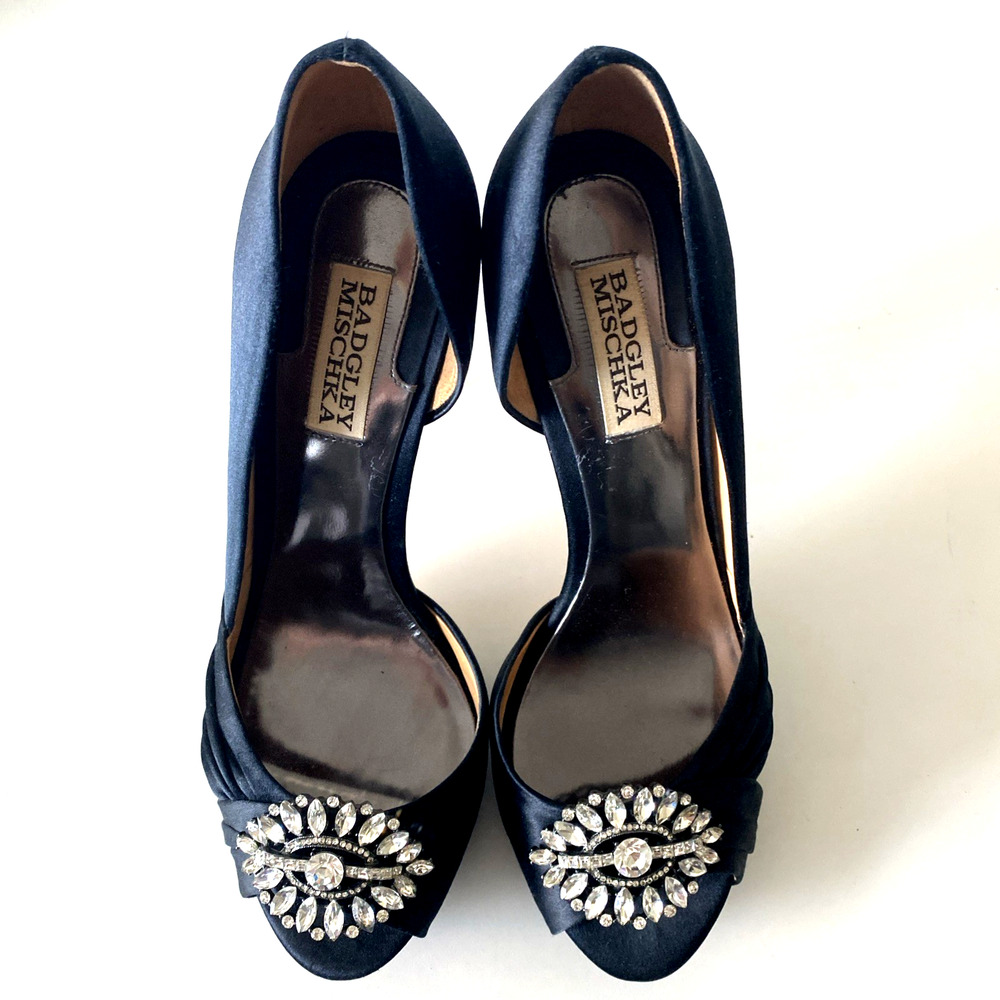 Badgley Mischka D'Orsay Pump Platform Black Satin Peep Toe Embellished Crystal 8 - Picture 6 of 10